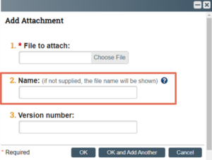 The "name" field highlighted in the Add Attachment screen in the Click IRB platform