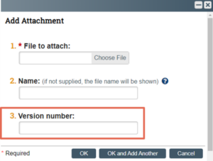 The "version number" field highlighted in the Add Attachment screen in the Click IRB platform