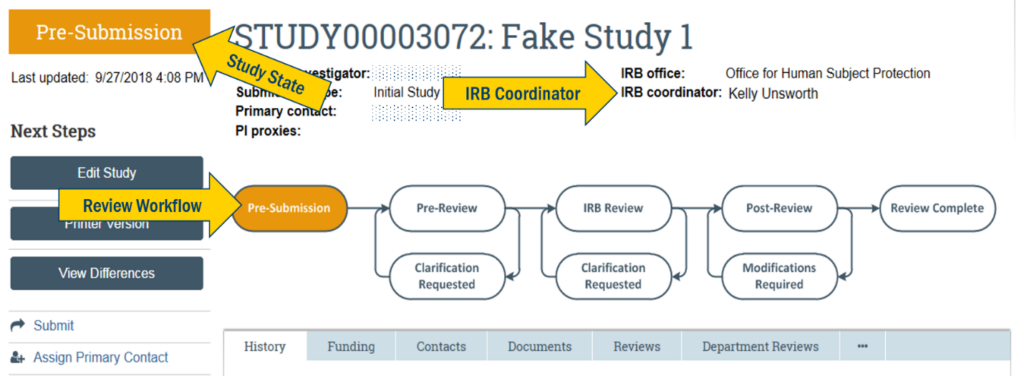 The location of the submission state, review workflow and assigned IRB Coordinator in Click IRB