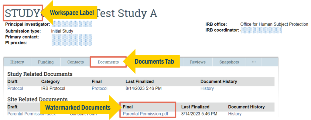 A screenshot of the Click IRB platform that has the "STUDY" workspace label highlighted, the "Documents Tab" highlighted, and the "Watermarked Documents" field highlighted