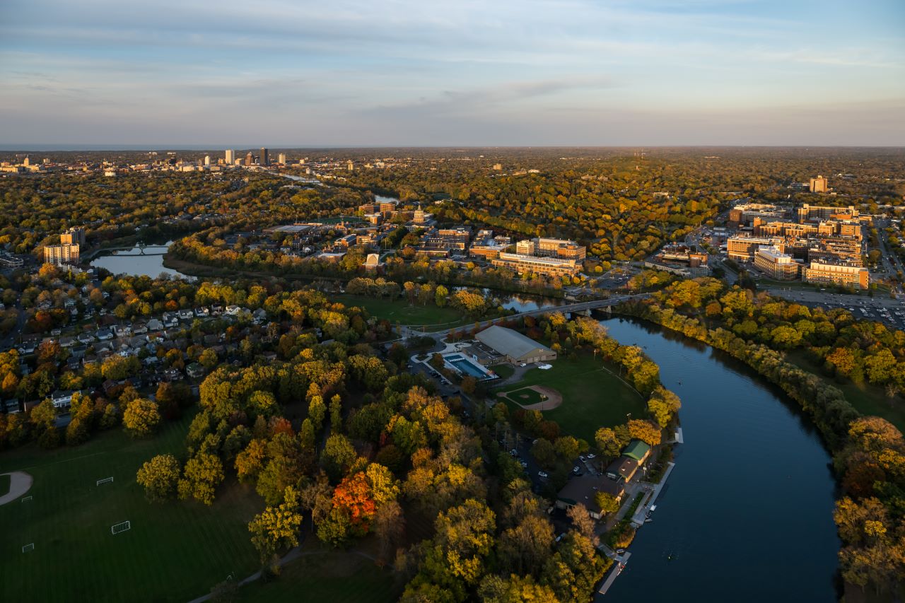 An aerial shot of the University of Rochester campus, including River Campus and the Medical Center campus