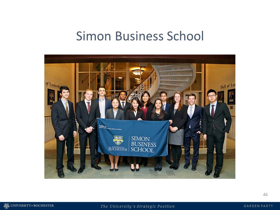 students in business wear holding a Simon School banner