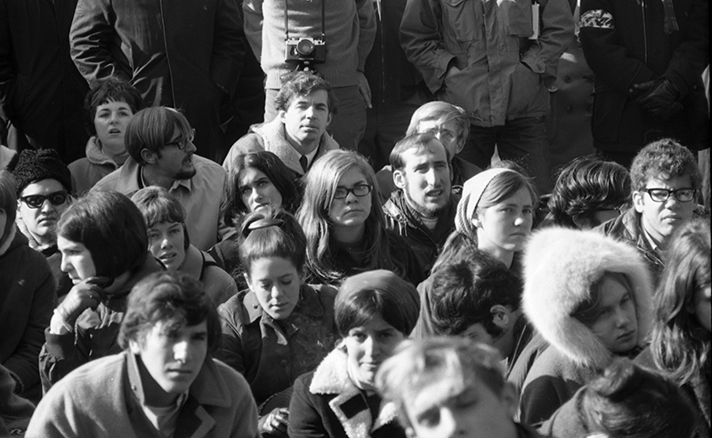 1960s students holding a protest on the quadrangle