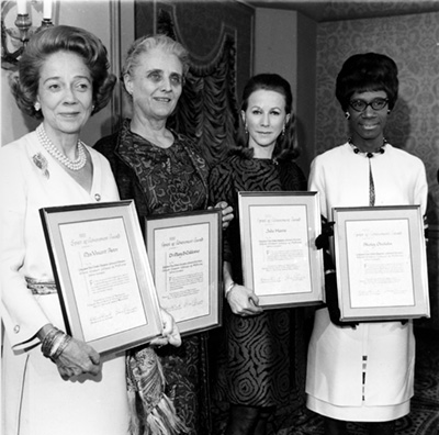 University of Rochester alumnus Mary Calderone with Brooke Astor, Julie Harris, and Shirley Chisholm