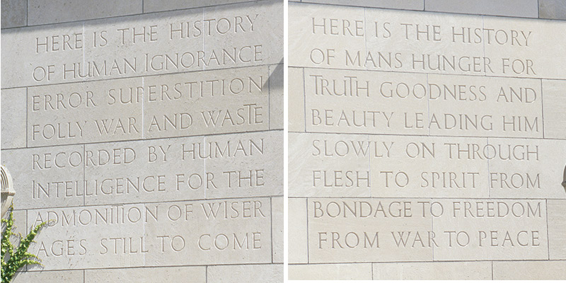 photo of two inscriptions on each side of the main door of the University of Rochester’s Rush Rhees Library