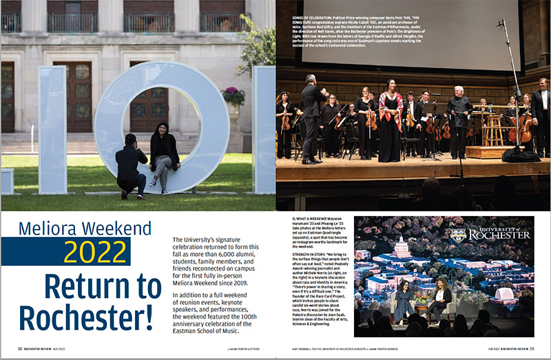 photo of pages from the University of Rochester's alumni magazine showing a feature story on Meliora Weekend