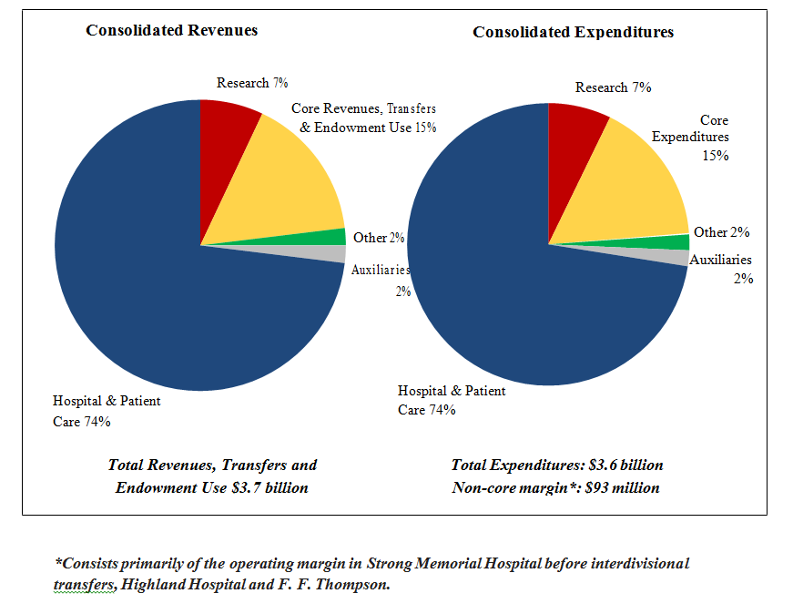 two pie charts showing consolidated revenues and consolidated expenses