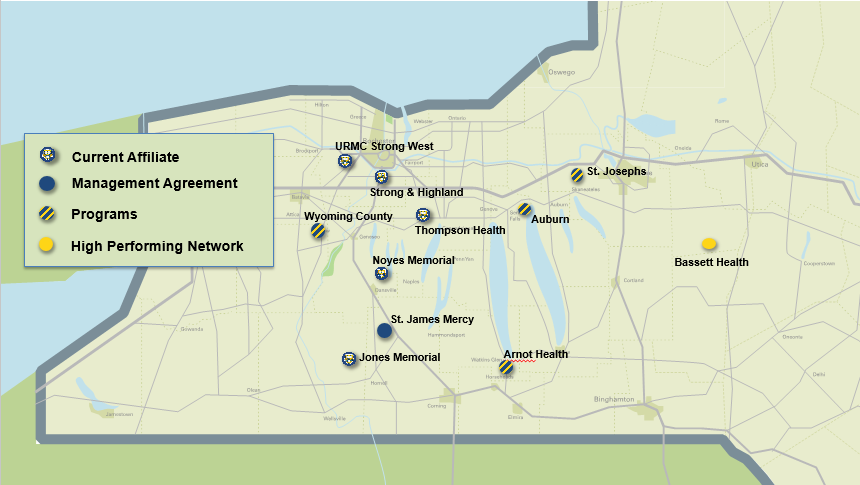 map of western New York showing locations of current affiliates, management agreements, programs, and high performing networks