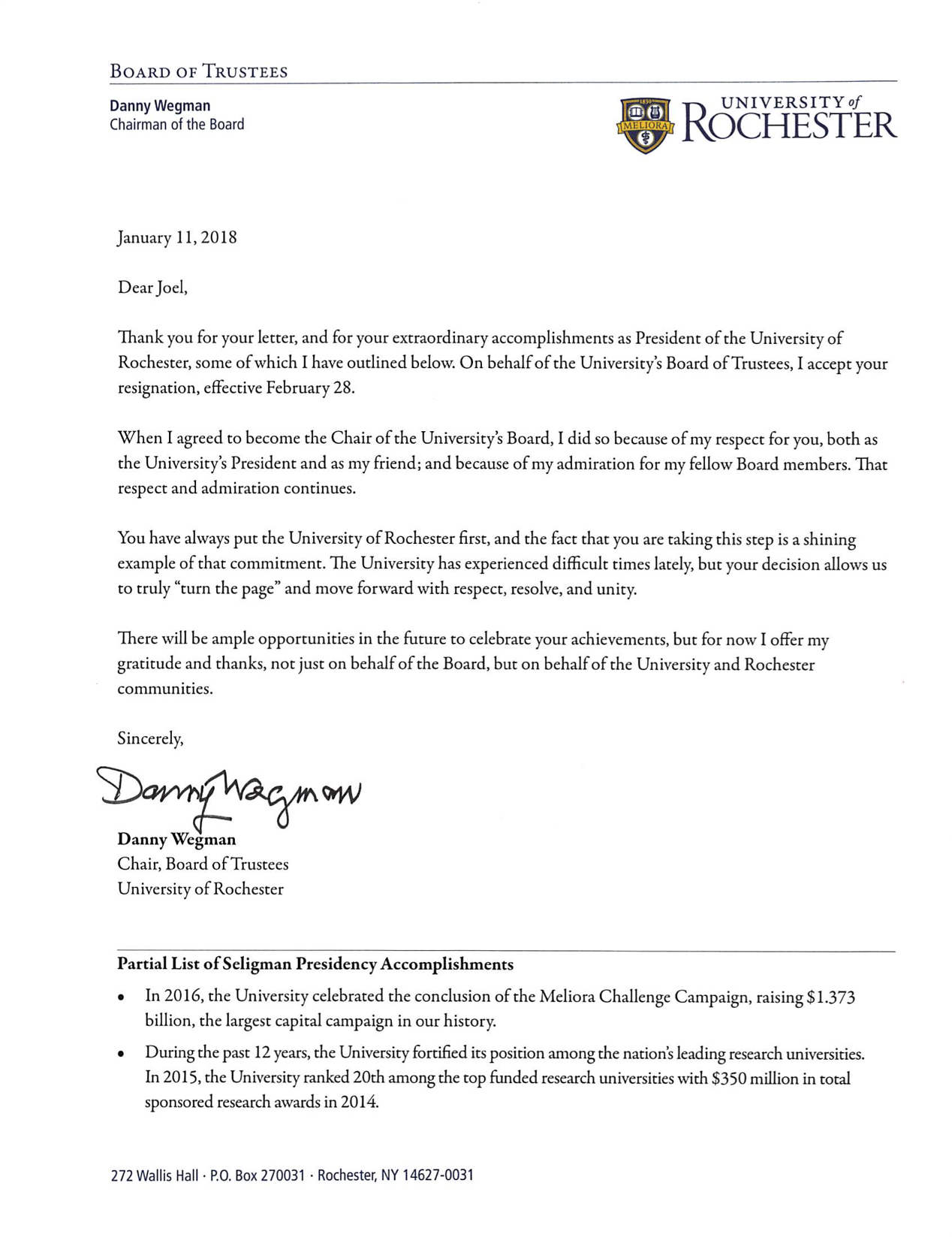 Letter from Danny Wegman, Chair of the Board of Trustees, University of Rochester