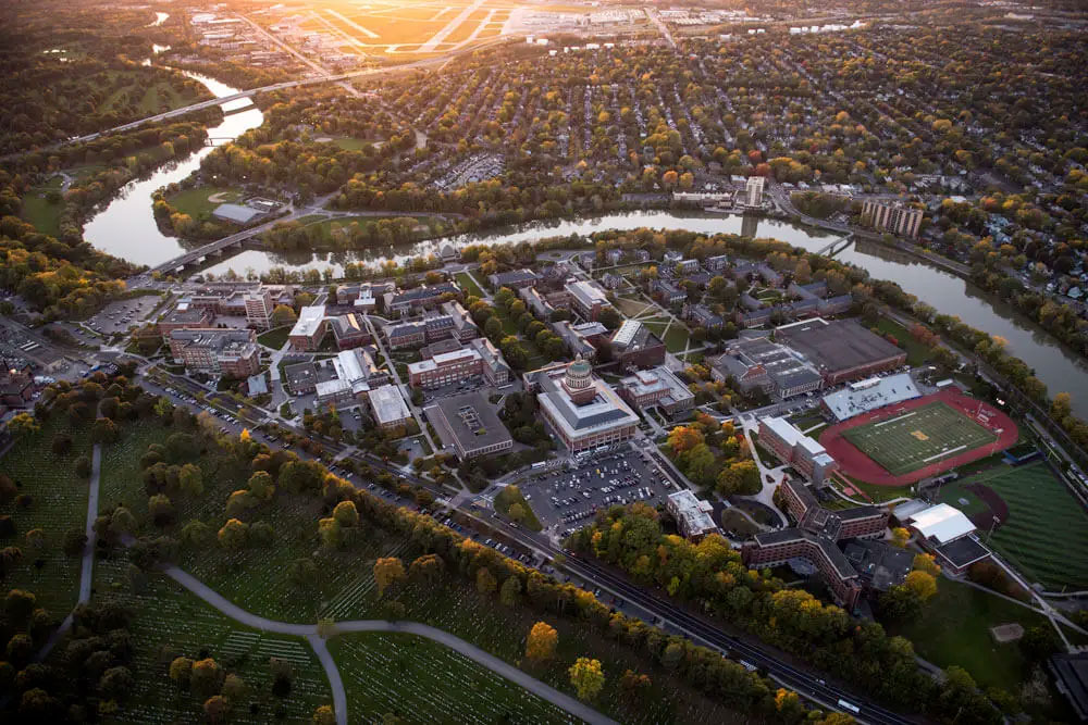 An aerial view of the University of Rochester campus