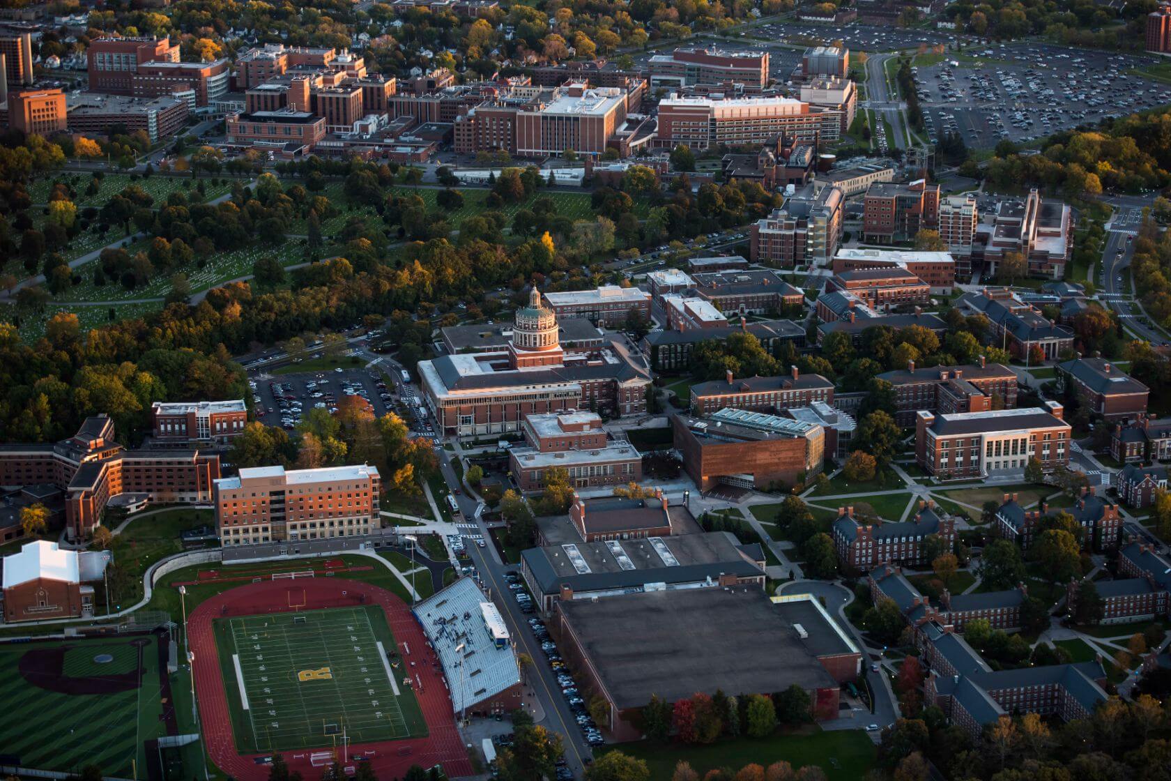 Aerial view of the University of Rochester campus