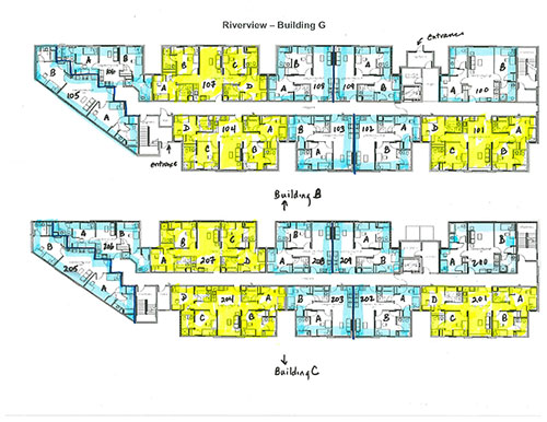 Riverview Apartments floor plans for building G.