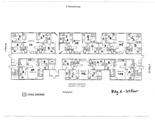 Riverview apartments floor plans for buildings A-E.