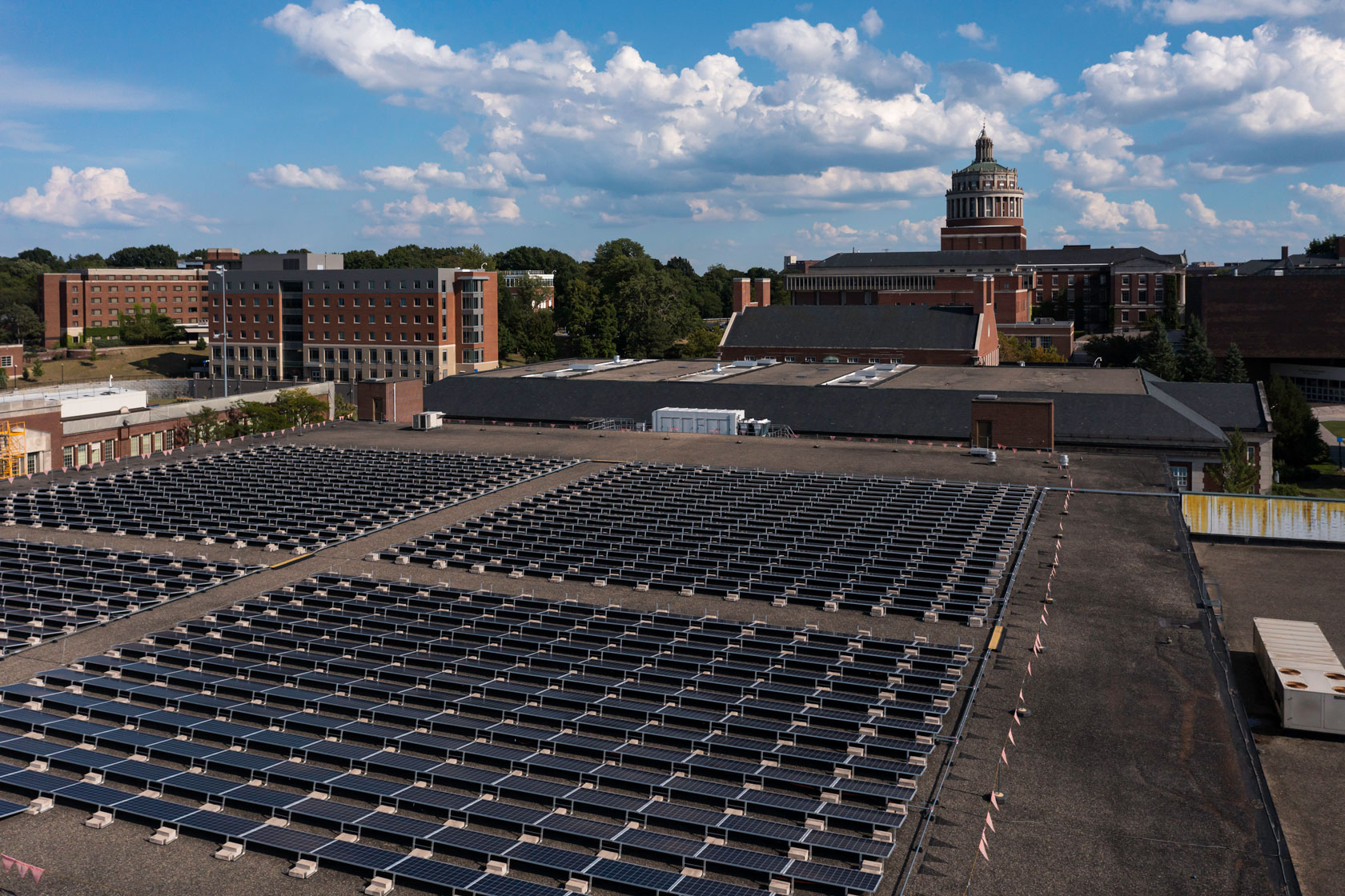 Solar panels atop Goergen Athletic Center, seen from drone