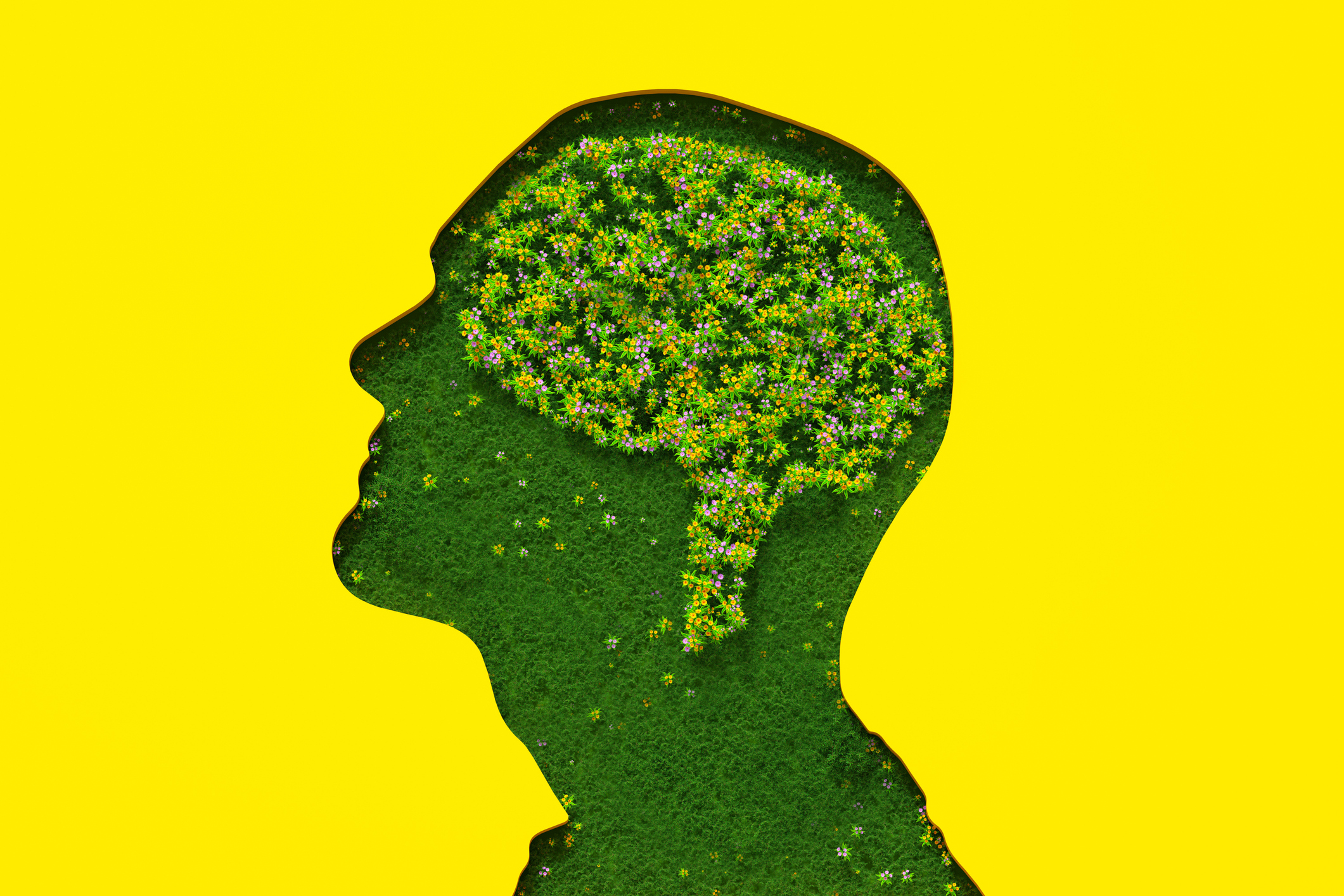 Flowers petals and leaves forming brain shape inside head silhouette made out of grass on yellow background.