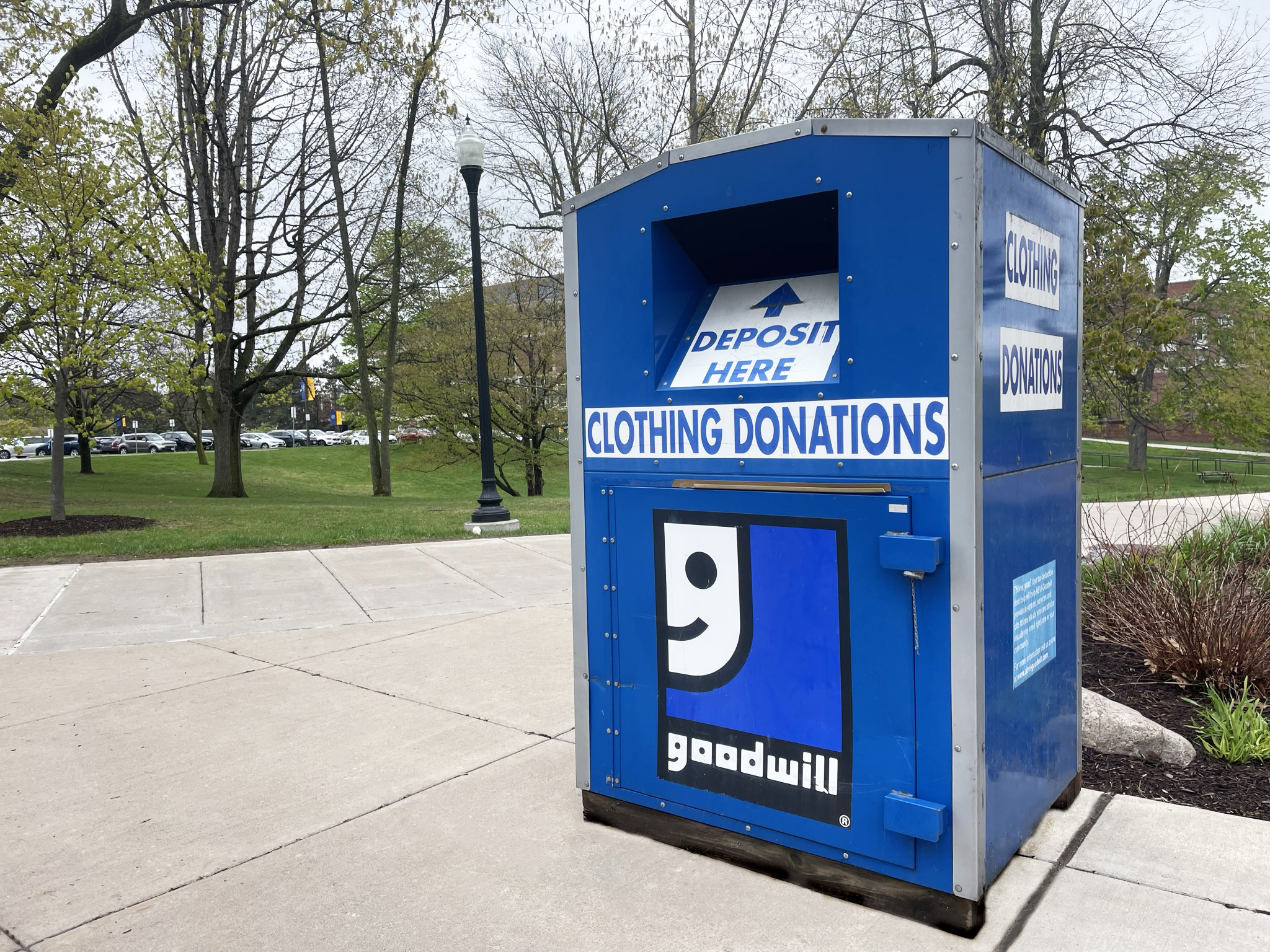 A Goodwill clothing donation box located on the University of Rochester campus