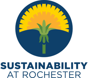 the "Sustainability at Rochester" logo, which is a polygonal rendering of a dandelion