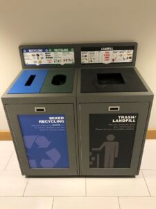 A recycling bin on the University of Rochester's campus