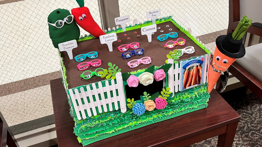 An eyeglasses donation collection box, hand-painted and decorated to look like a vegetable garden