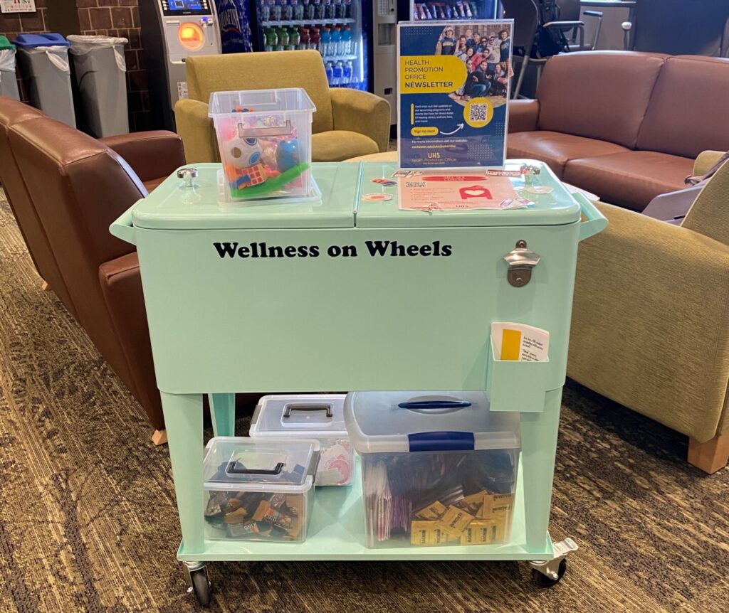 Wellness on Wheels cart in the starbucks lounge on campus