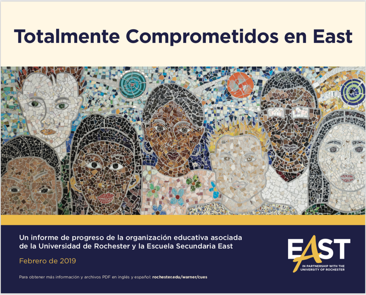 Cover of SPANISH East EOP Three-Year Report featuring mural of multicultural faces